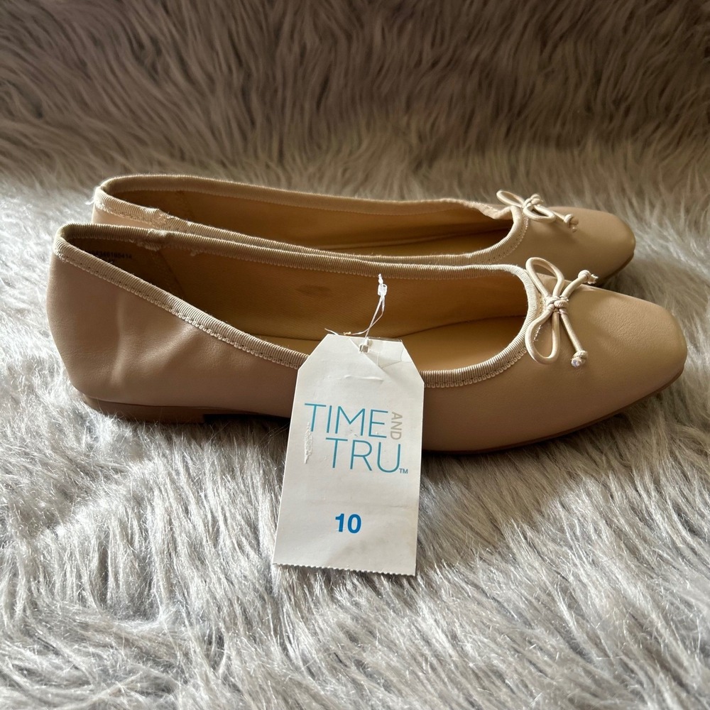 Time And Tru Ballet Bow Flats Womens Size 10 Beige Slip On Shoes Memory‎ Foam